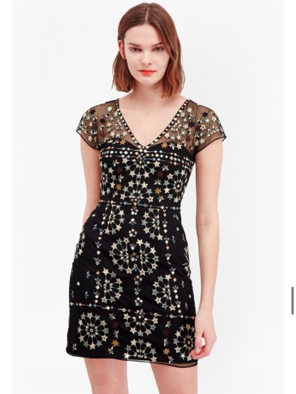 French Connection "Evie" Black Embroidered & Mirror Star Design Dress, Size 6